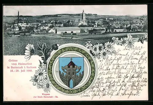 AK Bernstadt i. Sa., Totalansicht des Ortes, Wappen, Heimatfest 1908