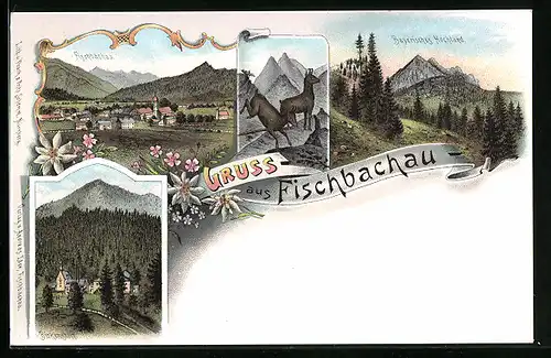 Lithographie Fischbachau, Gesamtansicht, Bayerisches Hochland, Gämsen, Birkenstein