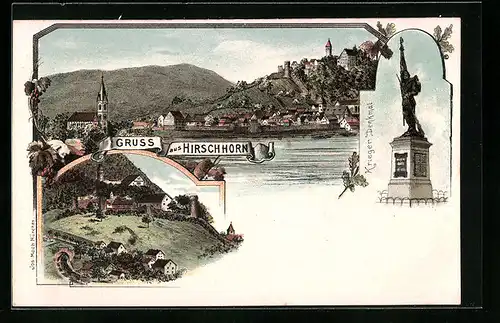 Lithographie Hirschhorn, Krieger Denkmal und Ortsansicht