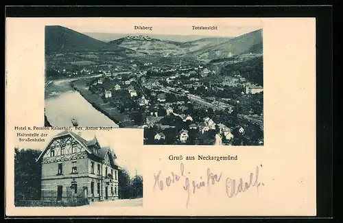 AK Neckargemünd, Hotel u. Pension Kaiserhof, Totalansicht mit Dilsberg