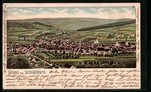 Lithographie Schlüchtern, Ortsansicht aus der Vogelschau