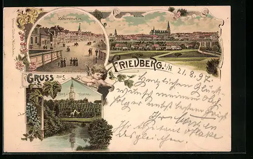 Lithographie Friedberg i. H., Blick auf die Kaiserstrasse, Burg v. Westen
