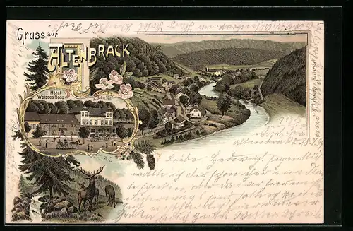 Lithographie Altenbrack a. Harz, Hotel Weisses Ross, Ortsansicht mit Fluss
