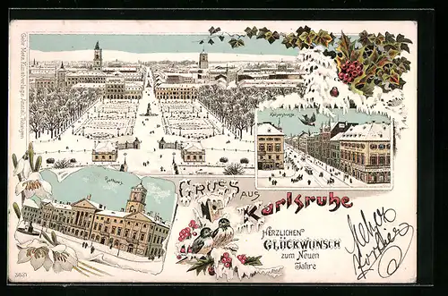 Winter-Lithographie Karlsruhe, Rathaus und Kaiserstrasse bei Schnee