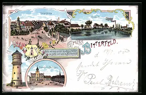 Lithographie Bitterfeld, Wasserturm, Kaiserstrasse, Marktplatz u. Rathhaus