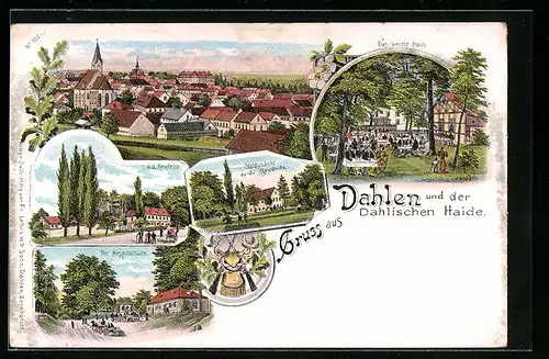 Lithographie Dahlen /Dahlische Haide, Die Hospitalhütte, Waldschänke a. d. Reudnitz, Das weisse Haus