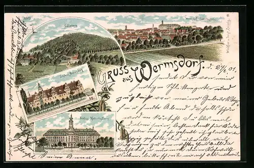 Lithographie Wermsdorf, Schloss Wermsdorf und Schloss Hubertusburg, Collmberg