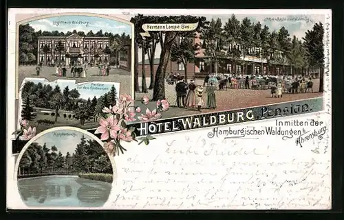 Lithographie Ahrensburg, Hotel Pension Waldburg mit Karpfenteich