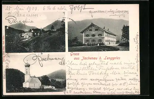 AK Jachenau bei Lenggries, Ortsansicht, Kirche, Gasthaus zur Post