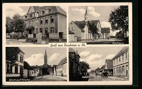 AK Russheim /Rh., Rathaus, Strassenpartie mit Kirche, Gasthaus zur Linde