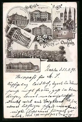 Lithographie Oschatz, Markt, Bürgerschule, Teilansicht, Kaserne