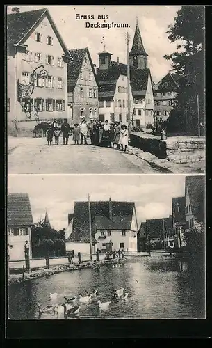 AK Deckenpfronn, Ortspartie mit Einwohnern und Kirche, Strassenpartie