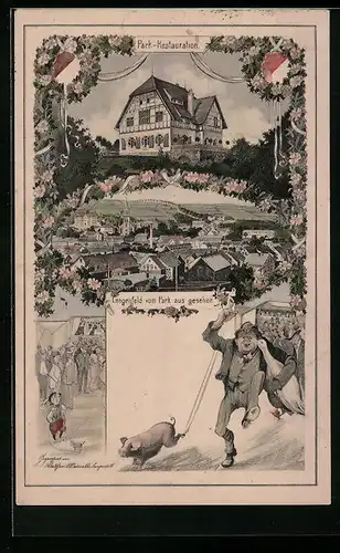 Künstler-AK Lengenfeld i. V., Gasthaus Park-Restauration, Ortsansicht vom Park aus, Parkfest 1913