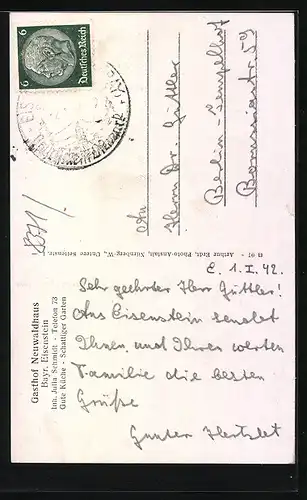 AK Bayr. Eisenstein, Gasthof Neuwaldhaus Julia Schmidt, Gebäudeansicht, Bierstübl