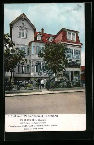 AK Hahnenklee /Oberharz, Hotel und Pensionshaus Biermann, Strassenansicht mit Terrasse