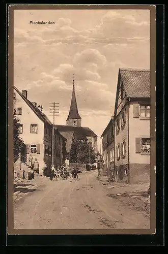 AK Flachslanden, Strassenpartie im Ort, Kirchturm