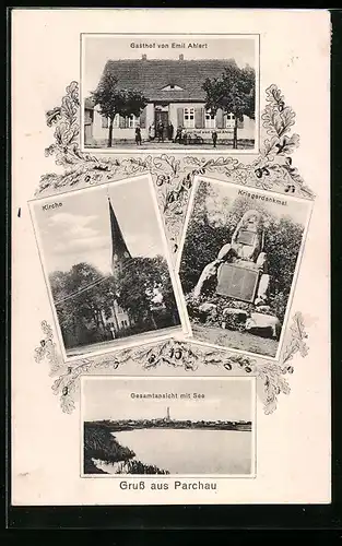 AK Parchau, Gasthof von Emil Ahlert, Kirche, Kriegerdenkmal, Gesamtansicht mit See