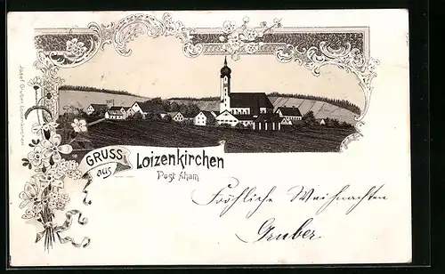 Lithographie Aham-Loizenkirchen, Ortspartie mit Kirche