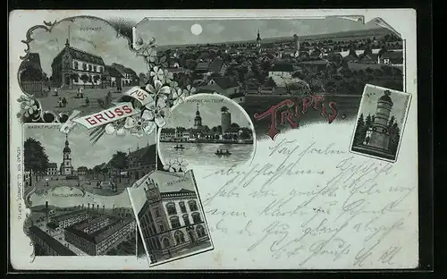Mondschein-Lithographie Triptis, Porzellanfabrik, Rathaus, Postamt