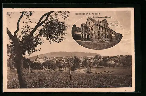 AK Reiskirchen b. Giessen, Gasthaus zum Hirsch, Teilansicht mit Bäumen