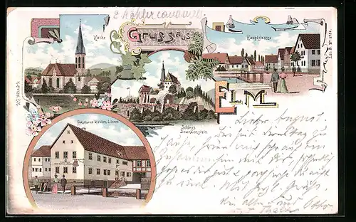 Lithographie Elm, Gasthaus zum roten Löwen, Schloss Brandenstein, Kirche
