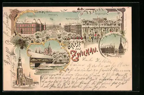 Winter-Lithographie Zwickau, Villa Ebert und Paradiesbrücke, Marienkirche, Schwanenteich