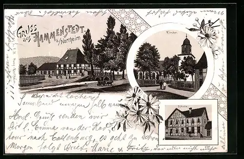 Lithographie Hammenstedt b. Northeim, Ortspartie, Kirche, Schule