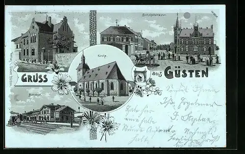 Mondschein-Lithographie Güsten, Kirche, Diakonat, Bahnhof