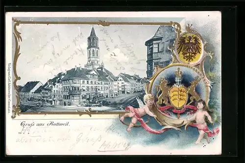 Passepartout-Lithographie Rottweil, Strassenpartie mit Kirche, Wappen