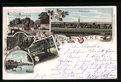 Lithographie Syke, H. Ritterhoffs Gasthof, Mühlenteich mit Kirche, Wolfsschlucht