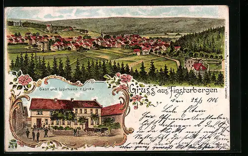 Lithographie Finsterbergen, Gast und Logirhaus z. Linde, Ortsansicht