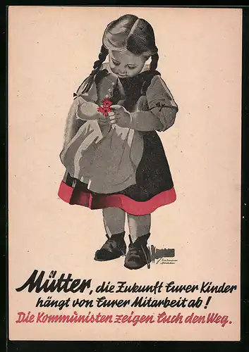 AK Mädchen mit roten Blumen, Propaganda der Kommunisten