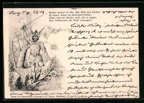 AK Freimaurer mit Schild, Rüstung und erhobenem Schwert