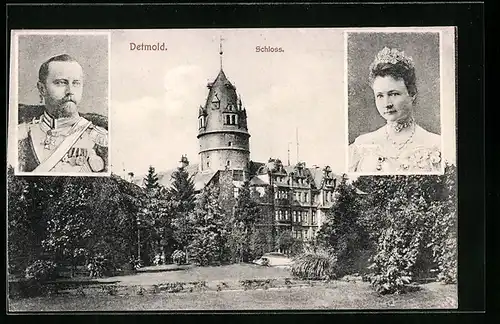 AK Detmold, Schloss mit dem Herrscherpaar von Schaumburg-Lippe