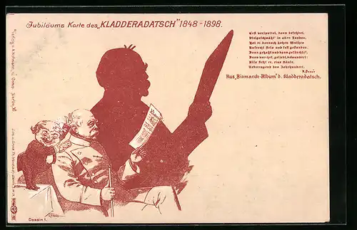 AK Jubiläums-Karte des Kladderadatsch, 1848-1898, Bismarck liest Zeitung