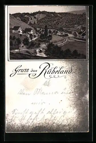Vorläufer-Lithographie Rübeland, 1890, Ortsansicht aus der Vogelschau