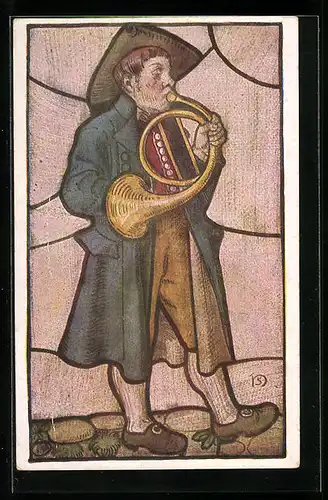 Künstler-AK Heinz Schiestl: Mann in Tracht bläst das Waldhorn