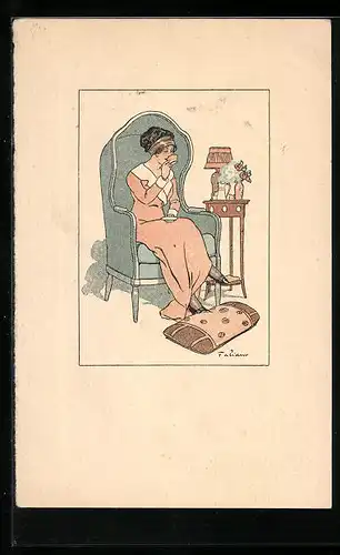 Künstler-AK Fabien Fabiano: Junge Dame trinkt Tee in einem Sessel