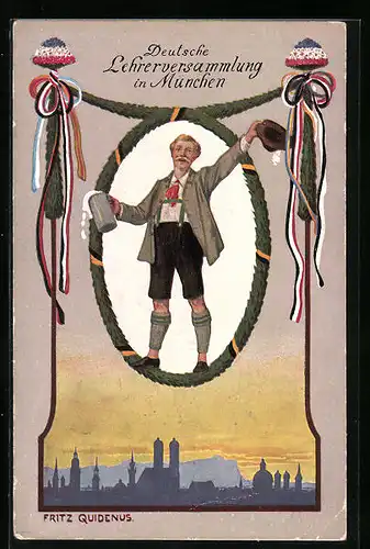 Künstler-AK Fritz Quidenus: Bayer mit Bierkrug grüsst mit dem Hut, Ausflug der Papiermacher 1908