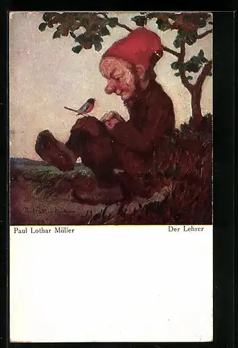 Künstler-AK Paul Lothar Müller: Zwerg mit einem Singvogel