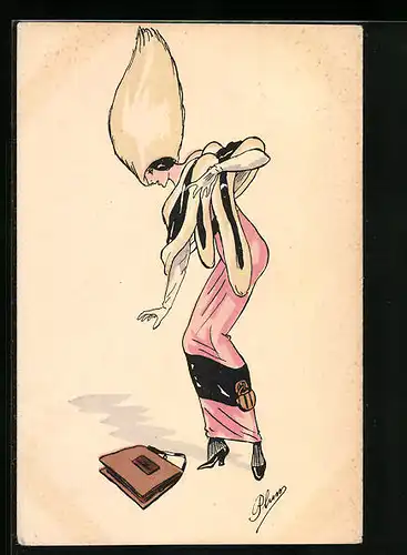 Künstler-AK Plum: Dame mit grossem Hut bückt sich nach einer Tasche