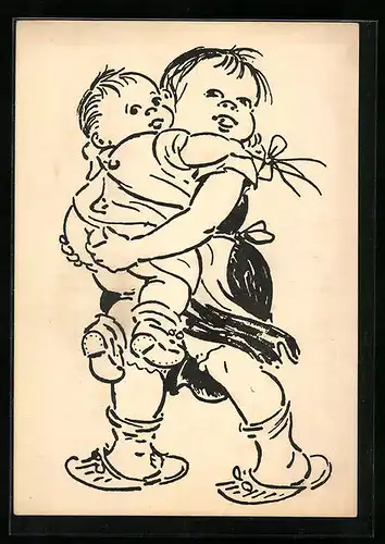 Künstler-AK Heinrich Zille: Mädchen mit Kleinkind auf dem Arm