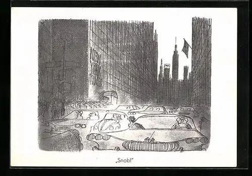 AK New York, Mann in VW-Käfer wird von einer Dame als Snob bezeichnet, Karikatur