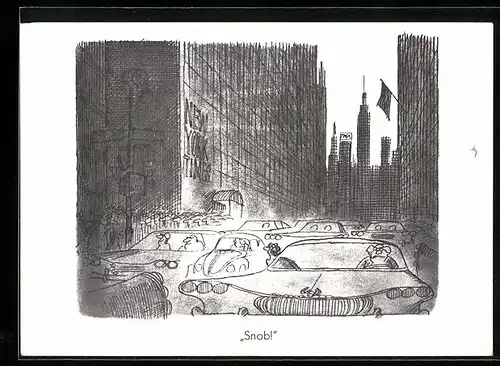 AK New York, VW-Käfer-Fahrer muss sich als Snob bezeichnen lassen, Karikatur