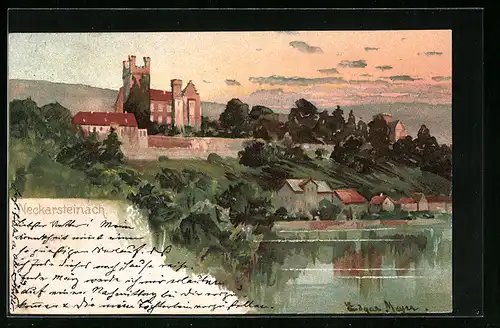 Lithographie Neckarsteinach, Blick auf die Burg