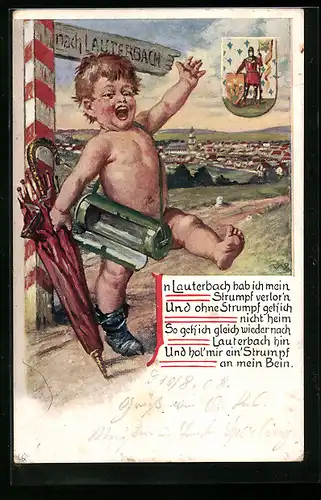 Künstler-AK Lauterbach, Stadtansicht, nackter Bube mit einem Strumpf, Wappen