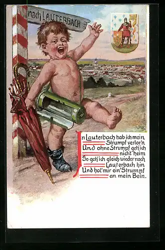 Künstler-AK Lauterbach, Stadtansicht, nackter Bube mit einem Strumpf, Wappen