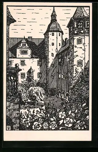 Künstler-AK Lauenstein, Partie an der Burg