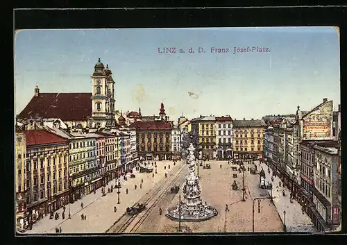 AK Linz a. d. D., Franz Josef-Platz mit Denkmal