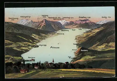 AK Attersee, Gesamtansicht mit Städte und Ortschaften am Ufer des Attersees